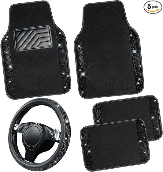 CAR PASS Bling Diamond Leather Steering Wheel Cover 14.5in-15in Floor Mats Shining Rhinestone Carpet Sparkly Glitter Crystal Anti-Slip Pad Fit Automotive SUV Pickup Truck Girl Women, 5pcs Black