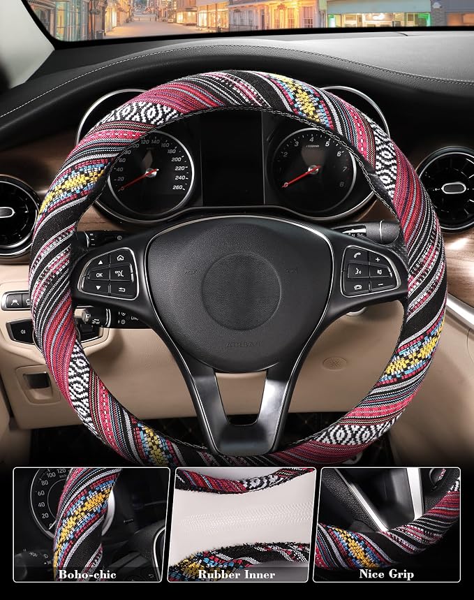 SEG Direct Boho Steering Wheel Cover, Baja Blanket Cloth, Coarse Flax | Bohemian Car Decor, Ethnic Style, Coarse Flax, Fabric Cover Fits 14 1/2-15 1/4 inches Standard Medium Size, for Women Men