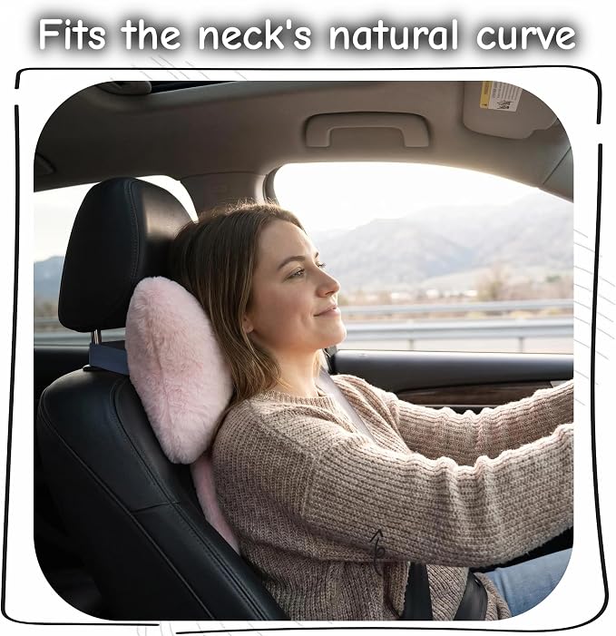 Car Neck Pillow Plush Bowknot Car Headrest Pillow Comfortable Neck Support for Driving Soft Touch Fabric Car Pillow Cute Interior Decor (Pink-1Pcs)