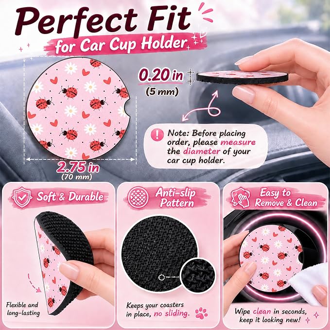 2PCS Red Lips Car Cup Holder Coasters Neoprene Car Coasters Universal | 2.75" Anti-Slip Rubber Mat with Finger Slot for Vehicle SUV Truck Sexy Cars Accessories Red Lips Gifts for Women Men
