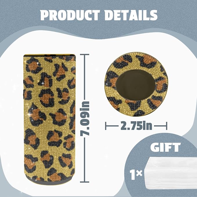 Bling Car Tissue Holder for Cup Holder – Sparkly Rhinestone Round Tissue Dispenser with 1 Pack Tissues – Fits Standard Auto Cup Holders – Stylish Car Interior Accessory for Women(Leopard Print)