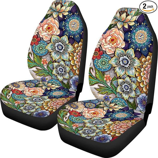 Boho Floral Front Car Seat Covers Set of 2 for Women, Universal Fit Bucket Seat Protectors for Cars, SUVs, Sedans and Trucks, Soft Breathable Polyester, Front Seats Only