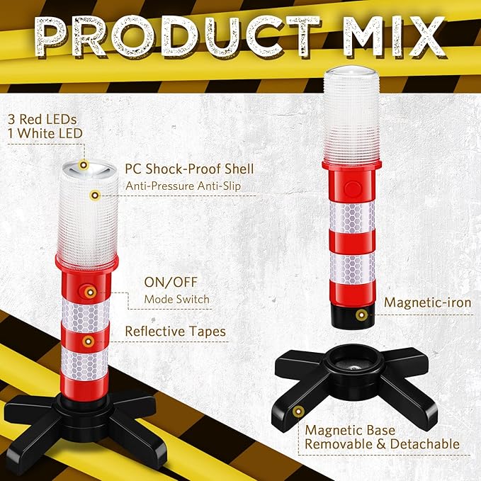 Riakrum 16 Pcs Emergency Roadside Flares Bulk Kit LED Safety Strobe Road Warning Light Bright Red Safety Beacon Strobe Light Roadside Flare Magnetic Base Detachable Stand Vehicle (Batteries Excluded)