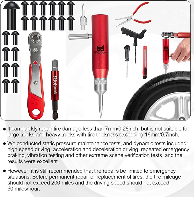Richcat Tubeless Tire Puncture Repair Kit with Mushroom Plug, Repairs punctures and Flat Tires for Motorcycles, Cars, Trucks, ATVs and Tractors
