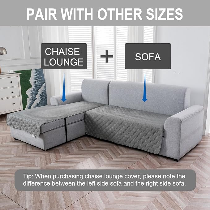 Genina L Shape Couch Cover, Sectional Couch Chaise Covers, Waterproof Washable Sofa Covers for Right L Shape Chaise Lounge, Anti-Slip Sofa Slipcovers for Dogs Cats Pet Friendly(Light Grey)