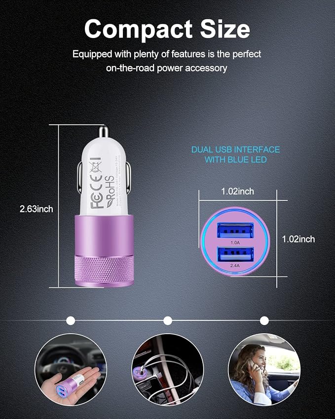 USB Car Charger, Automobile Lighter Adapter Dual Port Cigarette Cargador | 12v Cell Car Phone Charger for Samsung, iPhone, Google, Kindle, Double Port 3.4a Fast Charging Power Block