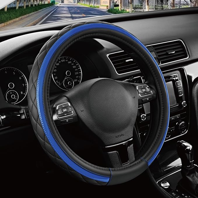 Road Comforts Leather Steering Wheel Cover – Black & Blue, Universal Fit 14.5-15 Inch, Microfiber Leather, Anti-Slip & Breathable Design for Men and Women