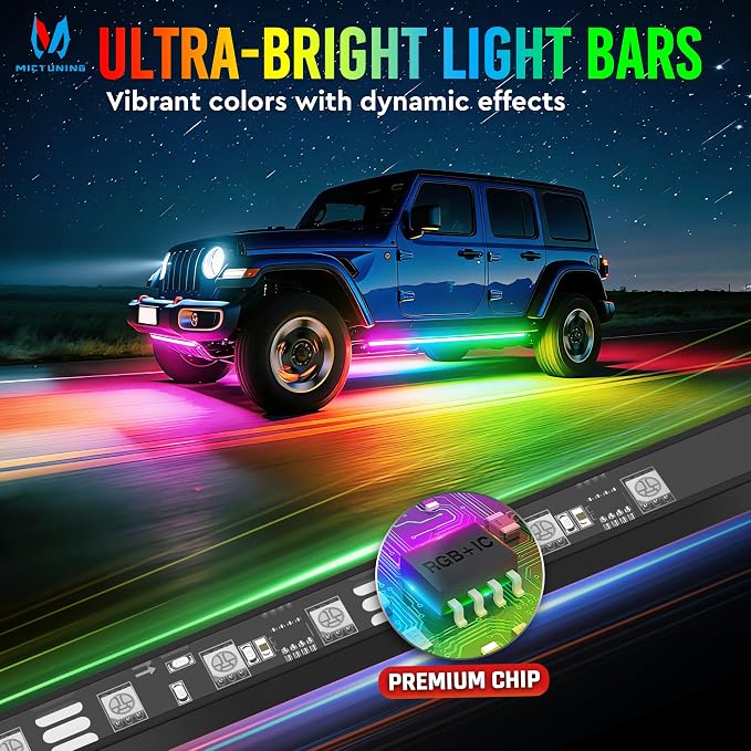 MICTUNING N8 RGB+IC Aluminum LED Car Underglow Light Kit, Two LED Strip 18 Inch, Can be Expanded