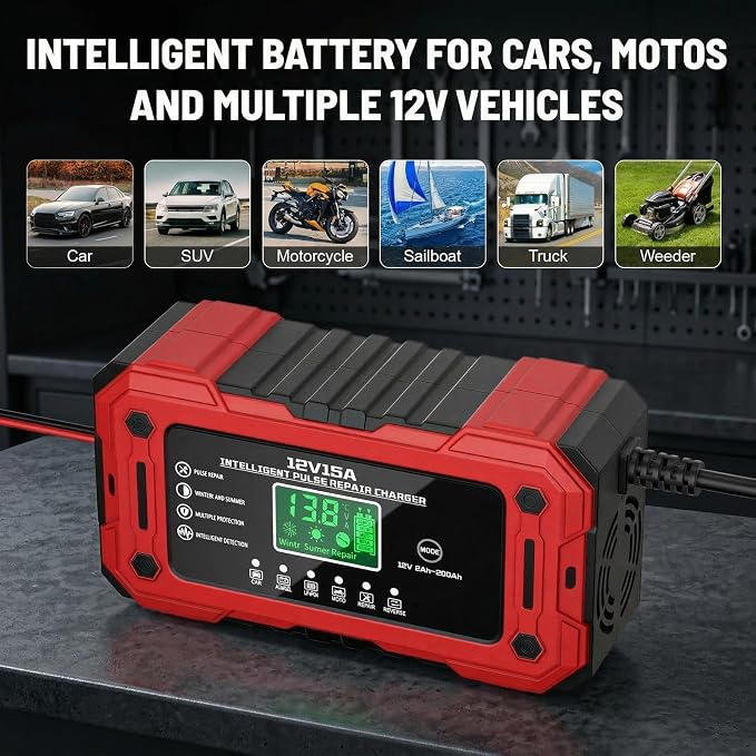 Battery Charger 15A 12V Fully Automatic Smart Trickle Car Battery Charger Maintainer with LCD Display & Temperature Compensation for Car Truck Motorcycle Lawn Mower Boat