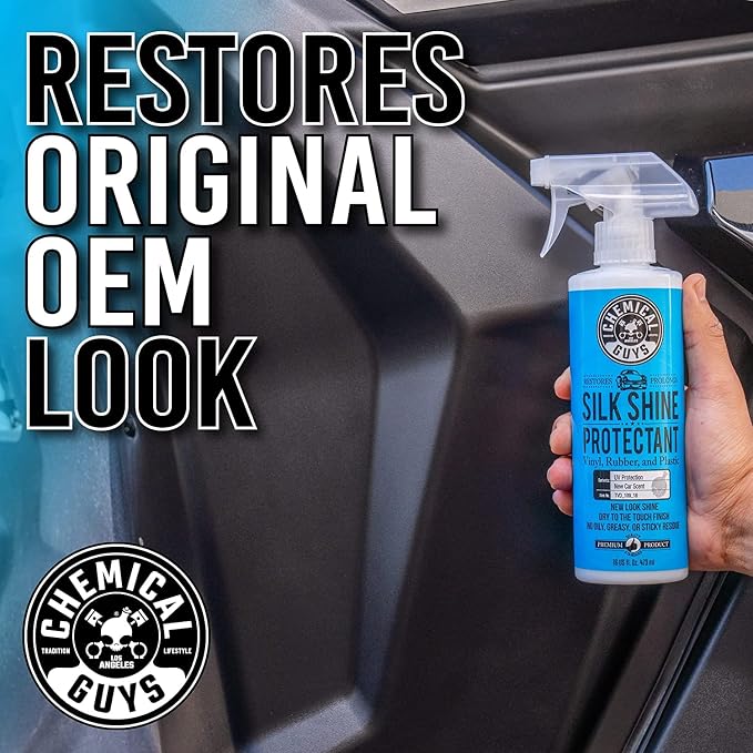 Chemical Guys, Silk Shine Vinyl, Rubber & Trim Dressing, Non-Greasy, 16 oz | Dries to a natural satin look with no greasy sling, works indoors and out on dashboards, door panels, bumpers and tires