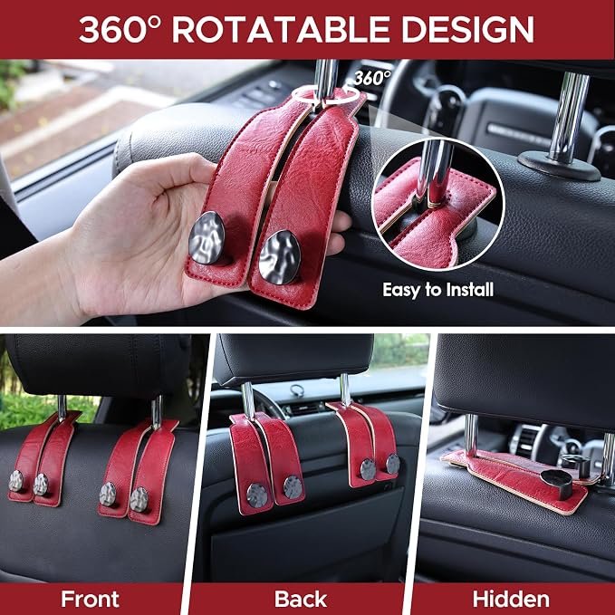 Leather Car Purse Hook for Headrest, 2 Pack (Red-Black) | Twin Hooks Headrest Hangers, 2/4 Pack, No-Slip, Scratch-Proof, Holds Purses, Backpacks, Grocery Bags, Car Organizer Gift