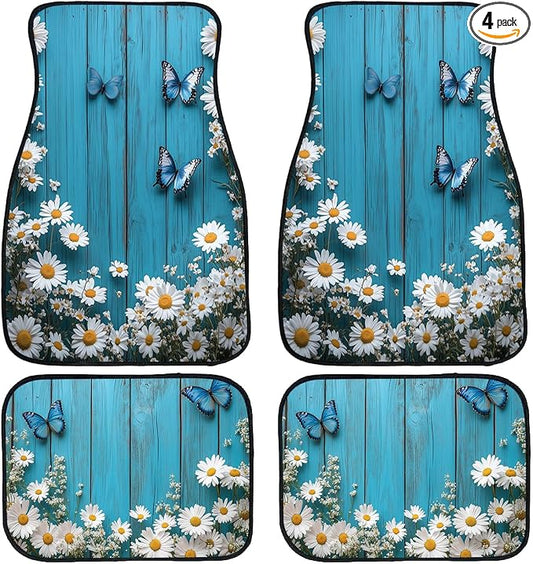 Flower Car Floor Mats Daisy Blue Butterfly Rustic Wooden Carpet Front Rear Carpets Mat Decorative Car Floor Carpets Non-Slip Auto Car Accessories Universal Fit for Car SUV Truck Van