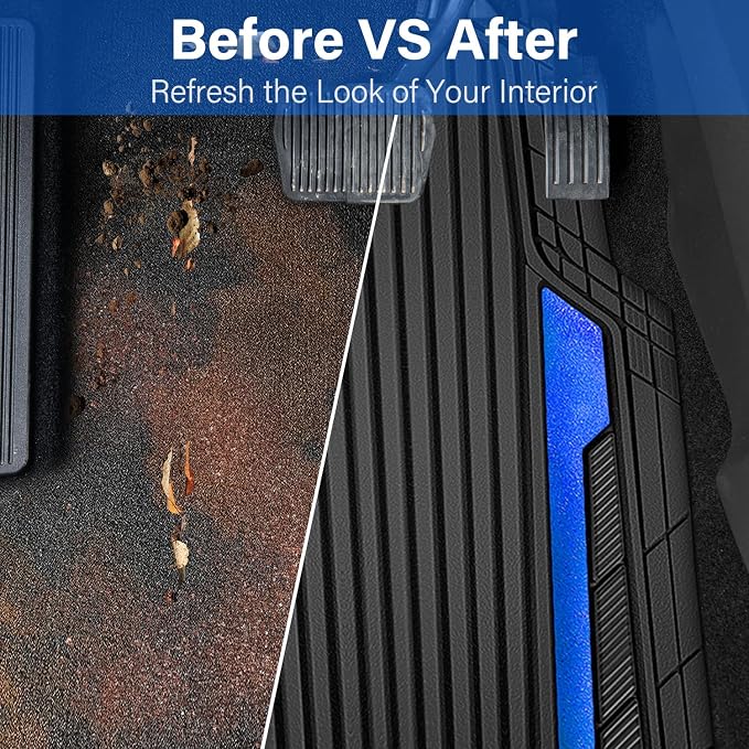 CAR PASS Heavy Duty Rubber Car Mats Metallic,Aluminum Film All Weather Floor Mats Waterproof Universal Trim to Fit Automotive SUV Sedan Van 4 Piece Anodized Deep Dish Two-Tone Sporty Black Blue Chrome