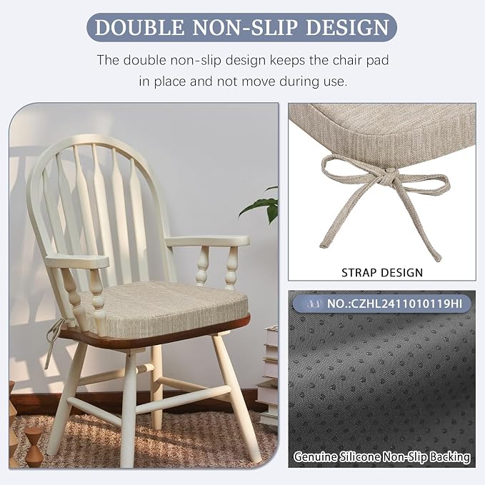 baibu Kitchen Chair Cushions Set of 6, Dual-Layer Patented Design Memory Foam Dining Chair Pads with Ties and Washable Cover, 6 Pack, 17" x 16" x 2", Beige