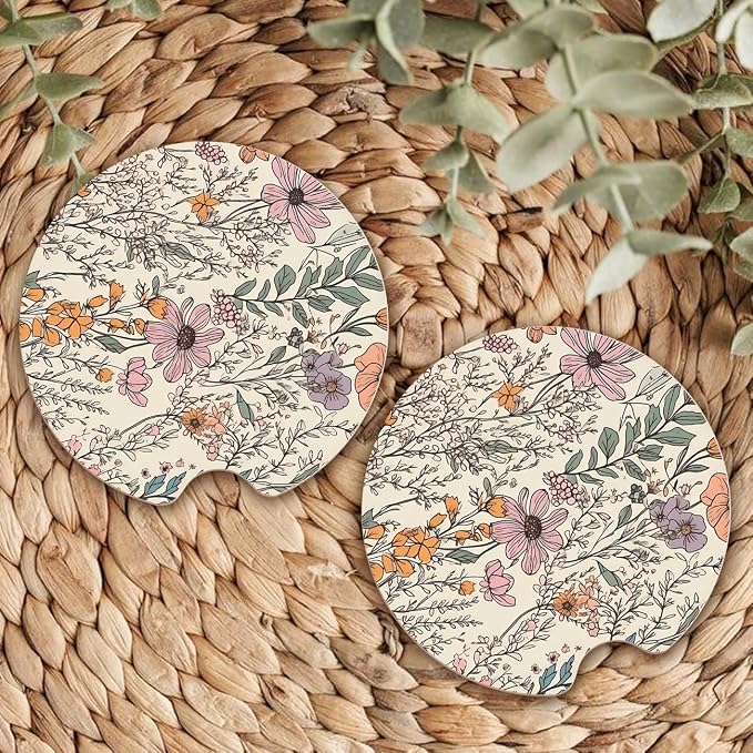 Ceramic Car Coasters – Absorbent Car Cup Holder Coaster Set for Women, Cute Aesthetic Car Accessories for Girls, 2 Pack (Sandstone)