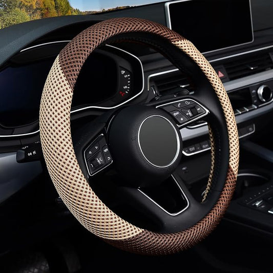 KAFEEK Steering Wheel Cover, Universal 15 inch, Microfiber Breathable Ice Silk, Anti-Slip, Odorless, Beige& Brown