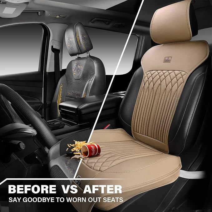 CAR PASS Car Seat Protector, 2 Pack Sideless Nappa Leather Seat Covers for Cars, All Season Waterproof Breathable Front Seats Cushion with Storage Pocket Universal Fit Vehicle Car SUV Truck, All Beige