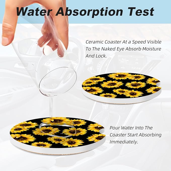 Sunflower Car Coasters for Cup Holders,2 Pack Car Cup Holder Coasters for Car,Ceramic Absorbent Car Coaster with A Finger Notch and Cork Base,Car Interior Accessories for Women Men
