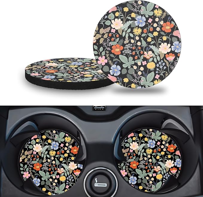 Car Cup Holder Coasters, 2 Pack – 2.75" Universal Auto Anti-Slip Insert Coaster, Rubber Car Coasters, Personalized Car Accessories for Women (Garden Strawberry)