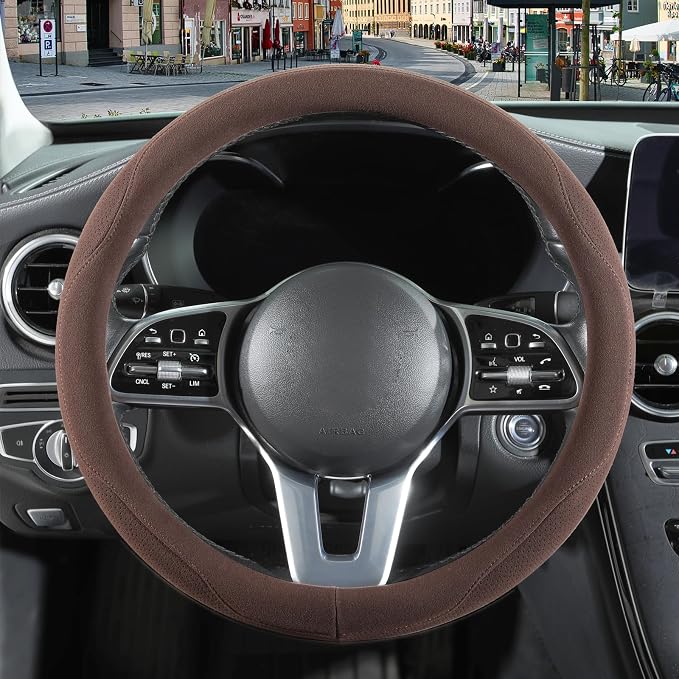 Brown Suede Steering Wheel Cover Small 13.5 inch to 14 inch | Warm in Winter and Cool in Summer, Felt Car Accessories, Breathable Non-Slip Sweat-Proof Wear-Resistant for Civic Prius
