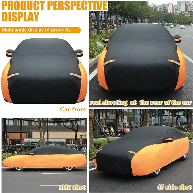 Riakrum Full Car Cover Waterproof All Weather for Automobiles Windproof Cover Rain UV Protection Sun Scratch Resistant Outdoor Universal(Fit Sedan Length (194-208'') 59'' H,Black, Orange)
