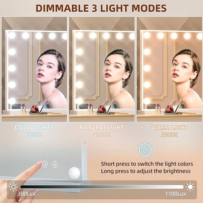 FENCHILIN Vanity Mirror with Lights and Bluetooth Speaker 22.8"x 18.1" Makeup Mirror Lighted Hollywood Mirror with 15 Dimmable LED Bulbs USB Charge Port, 3 Color Lighting Modes Tabletop