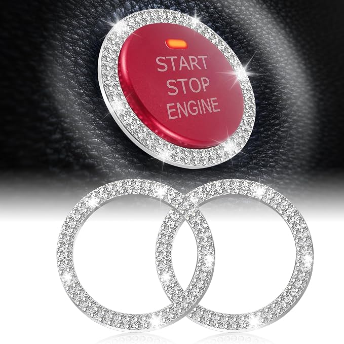 LivTee Engine Start Stop Decoration Ring, Crystal Double Rhinestone, Key Ignition & Knob Bling Ring, Push to Start Button Cover, White