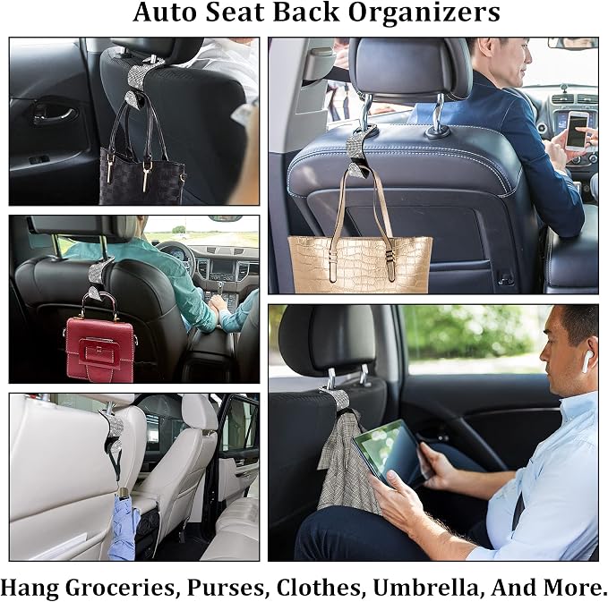 Dermasy® 2 Pack Car Hooks, 2021 New Bling Rhinestones Crystal Hooks Car Decorations Auto Seat Back Organizers Strong and Durable Backseat Hanger Storage Universal for SUV Truck Vehicle (Silver)