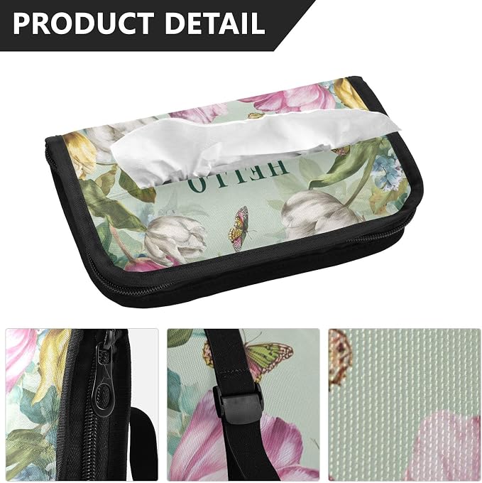 Green Spring Wildflowers Tulip Butterflies Car Tissue Holder Durable Napkin Holder Hanging Tissue Holders Case Car Tissues Bag for Sun Visor Seat Back Universal Auto