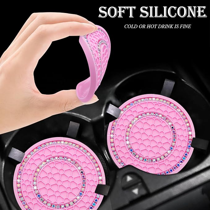 2PCS Bling Crystal Rhinestone Cup Coaster Insert, 2.75 inch Soft Silicone Anti-Slip Shockproof, Car Drink Holder Coaster, Universal Car Interior Accessories for Women (Pink & Colorful)