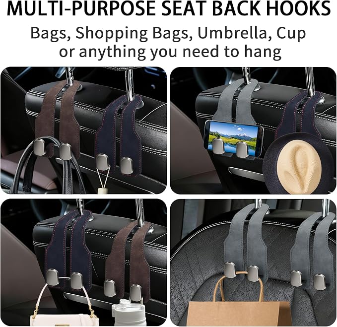 2 Pack Car Seat Headrest Hooks for Purses and Bags, Car Purse Holder With Double Metal Hooks, Headrest Back Seat Handbags Hook, Universal Car Purse Hanger, Cute Car Hanging Accessories, Black
