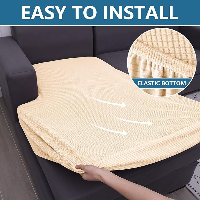 hyha Waterproof Sectional Couch Covers, Non Slip Sofa Couch Cushion Covers L Shape, Thick Stretch Jacquard Fabric, Washable Sofa Slipcovers with Elastic Bottom (1 Piece for Chaise, Beige)