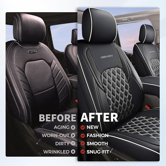 Huidasource Wrangler JK Seat Covers 2 Door Full Set, Front & Rear Full Coverage Leather Seat Cushion Protector Fit for Jeep Wrangler JK 2-Door Sahara Sport Rubicon 2007-2017(Full Set/Black&White)