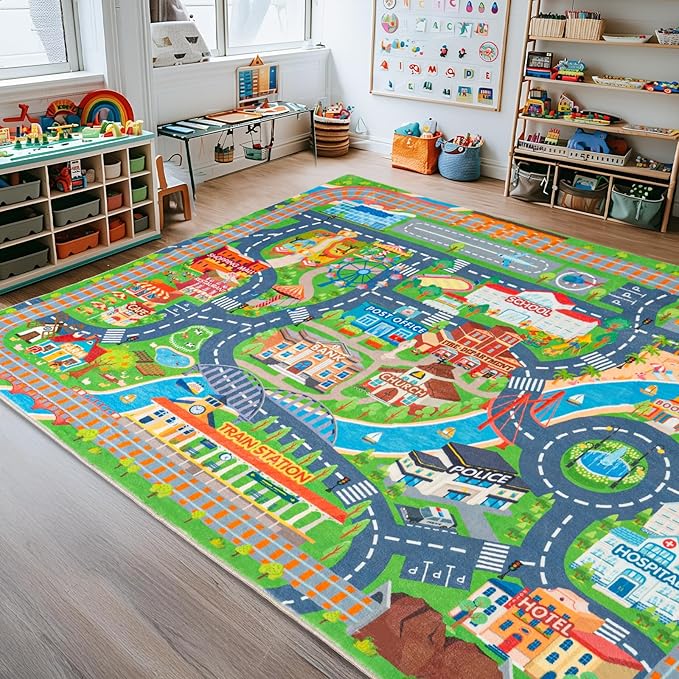 Car Rug Play Mat for Kids Toy Cars, Road Traffic Playmat for Kid Bedroom, Non-Slip Machine Washable Town City Race Track Carpet for Learn and Have Fun 5'x7'/ 60"x84"