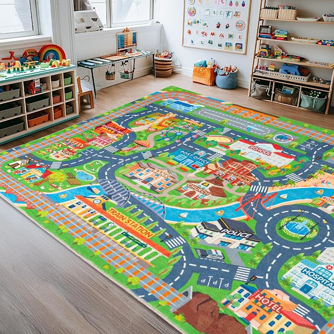 Car Rug Play Mat for Kids Toy Cars, Road Traffic Playmat for Kid Bedroom, Non-Slip Machine Washable Town City Race Track Carpet for Learn and Have Fun 8'x10'/ 96"x120"