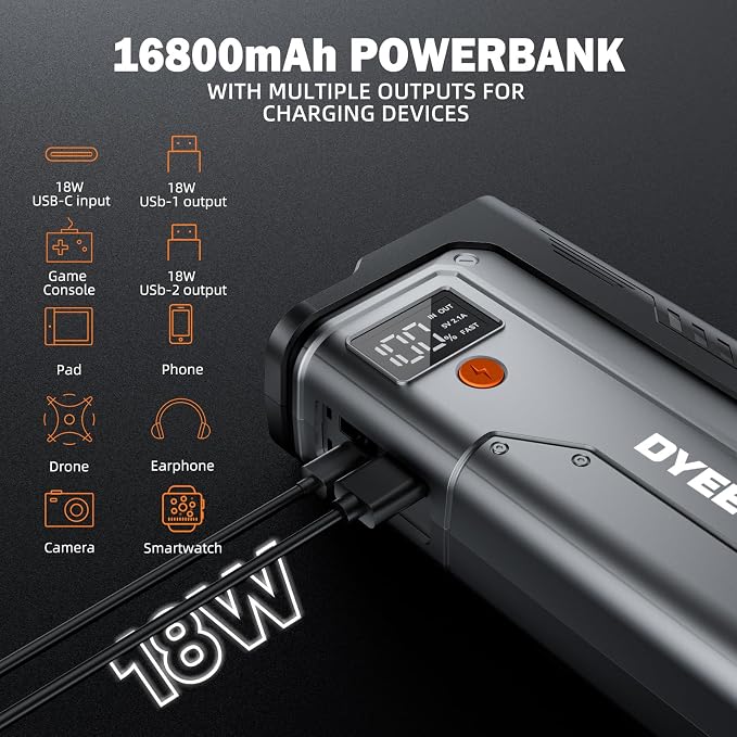 5000A Jump Starter for 10.0L Gas & 8.0L Diesel, 800LM LED Light | Portable Power Bank with 10 Advanced Safety Protections,Force Start for Completely Dead Batteries