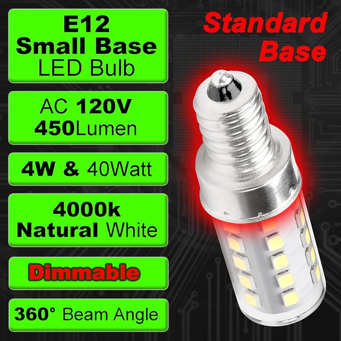 E12 LED Bulb Dimmable 4000K Natural White Candelabra Base AC120V 4W, 4 Pack | 450lm, Equivalent 25W-40W, 360° Beam Angle, No-flicker for Ceiling Fan Chandelier Pendant Lighting Salt Lamp Wall Sconce