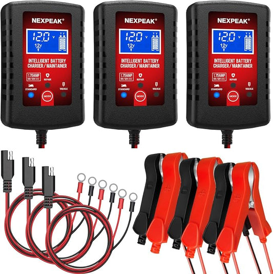 3-Pack 1.75A Car Battery Charger, 6V &12V Smart Battery Trickle Charger | Fully automatic 6V/12V Battery Charger, LCD screen monitors real-time status, Multi-protection for cars, boats, motorcycles