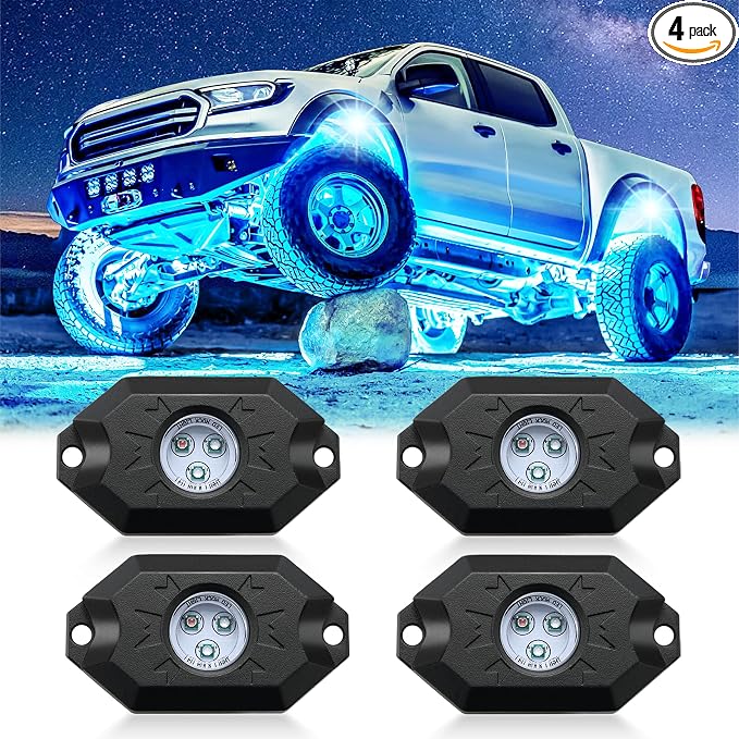 LivTee RGB LED Rock Lights Kit, 4 Pods Waterproof Underglow Neon Lights with Bluetooth App Control - Multi-Color & Music Sync Wheel Light for Trucks SUV UTV ATV RZR Golf Cart