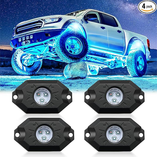 LivTee RGB LED Rock Lights Kit, 4 Pods Waterproof Underglow Neon Lights with Bluetooth App Control - Multi-Color & Music Sync Wheel Light for Trucks SUV UTV ATV RZR Golf Cart
