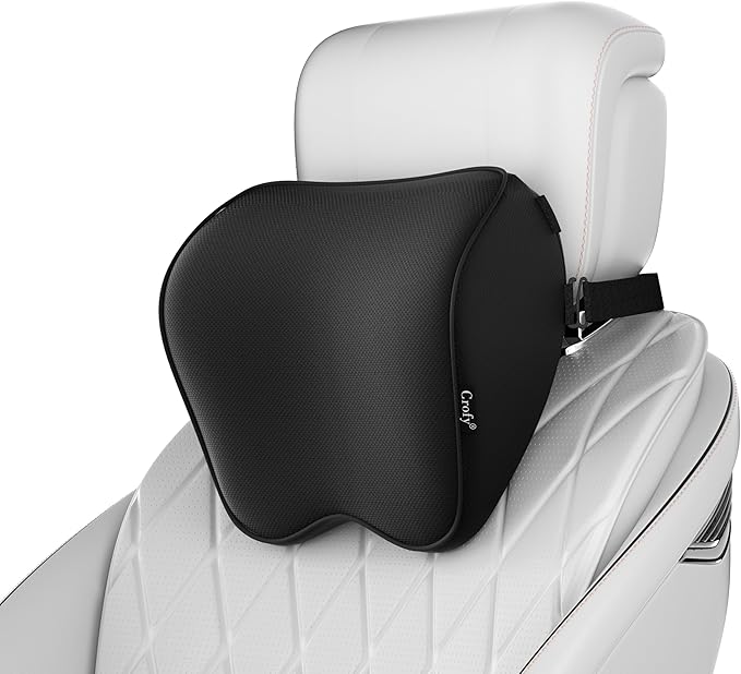 Crofy 2-Pack Car Neck Pillow, Headrest Pillow with Adjustable Strap, Black | Soft Memory Foam; Ergonomic Design Fits Most Car & Office Chairs; Breathable Removable Pillow Cover Is Machine Washable