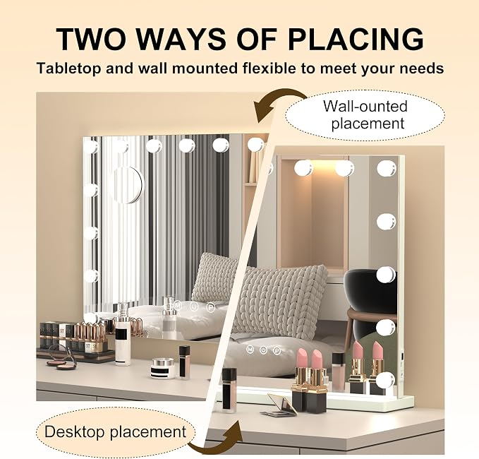 Lighted Vanity Mirror with Lights — 15 LED Bulbs 3 Color Modes Touch Control Makeup Mirror with Detachable 10X Magnifying Mirror, Tabletop & Wall Mount for Bedroom Dressing Table