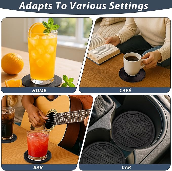 Car Cup Coaster – 6PCS Universal Silicone Non-Slip Drink Holder Inserts for Car Interior – Decorative Anti-Spill Coaster Set for Auto, Home, Office Use