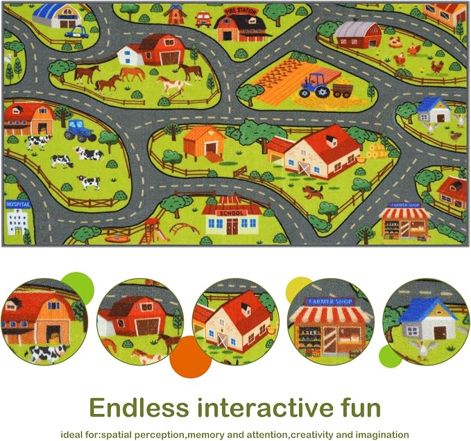 STARUIA Washable Kids Carpet Playmat Rug for Boys Room, 79"x39" Large Car Rug for Kids Toy Cars, Fun Learning Farm Road Rugs for Kids Room Bedroom Playroom