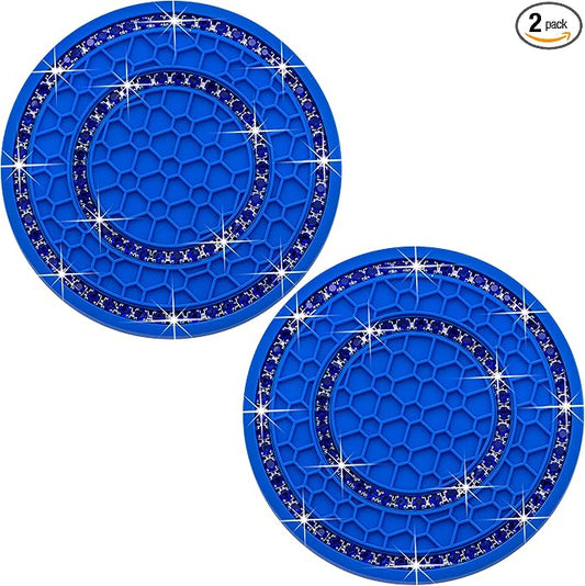 2PCS Bling Crystal Rhinestone Cup Holder Coaster, 2.75 inch Soft Silicone Anti-Slip Shockproof, Car Cup Holder Insert Coasters, Universal Car Interior Accessories for Women (Blue)