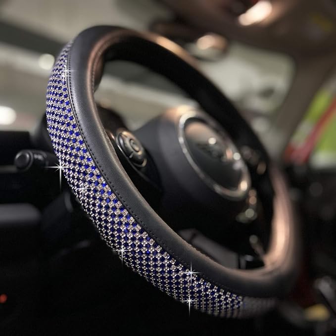 PINCTROT Large Size Bling Comfy Steering Wheel Cover with Jumbo Crystal Rhinestones, Anti-Slip Diamond Leather, 15.5-15.75 Inch (Blue)