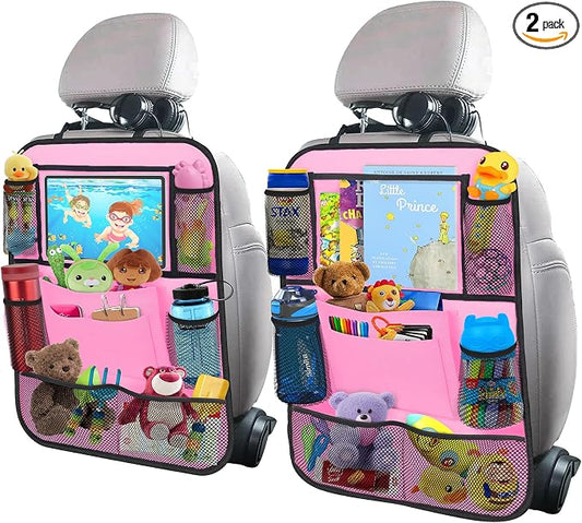 ULEEKA Car Backseat Organizer with 11" Table Holder, 10 Storage Pockets Seat Back Protectors Kick Mats for Kids Toddlers, Travel Accessories, 2 Pack, Pink