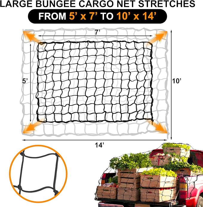 Seven Sparta Large Cargo Net for Truck Bed 5'x 7' Stretches to 10' x 14' | Latex, Large Size, With 16 D Clip Carabiners, For Truck Bed/Pickup Bed/Trailer/Trunk/SUV/Roof Racks/Pool Floats/Lorry/Storage