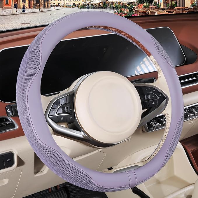 Nappa Leather Ice Silk Fabric Purple Steering Wheel Cover | Non-Slip Breathable Soft Car Accessories, Warm in Winter and Cool in Summer Universal 14.5 inch to 15 inch