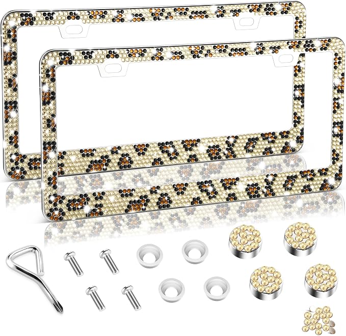 Amiss Bling License Plate Frame for Women, 2Pack Rhinestone Handcrafted Crystal Premium Stainless Steel, Stainless Steel Car Decorative Accessories with Diamond Sparkle Glitter Caps (Leopard Print)